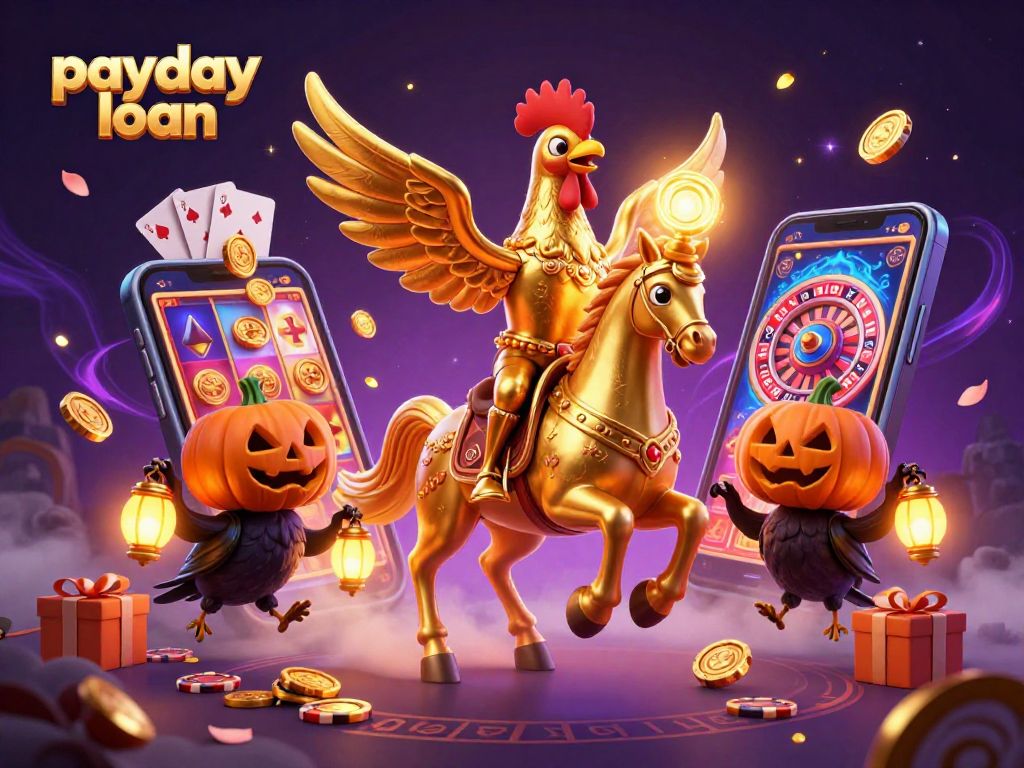 Engage with payday loan gaming excitement amid a rich casino atmosphere featuring a glowing rooster.