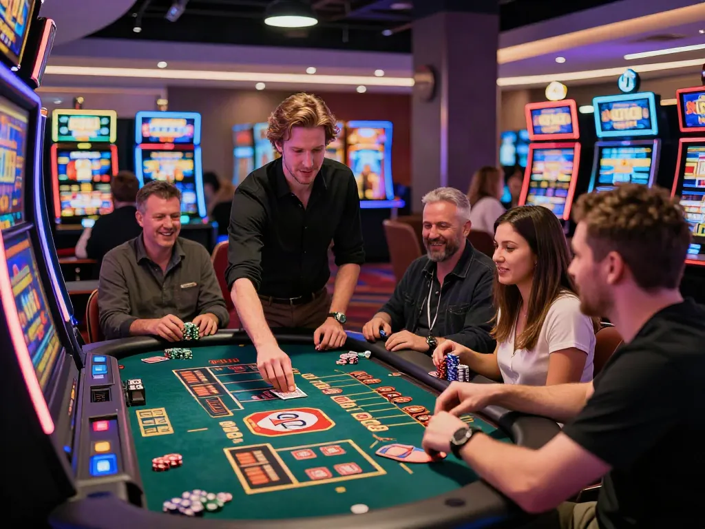 Dynamic scene at casinos non Gamblock UK, showcasing diverse players and exciting gameplay.