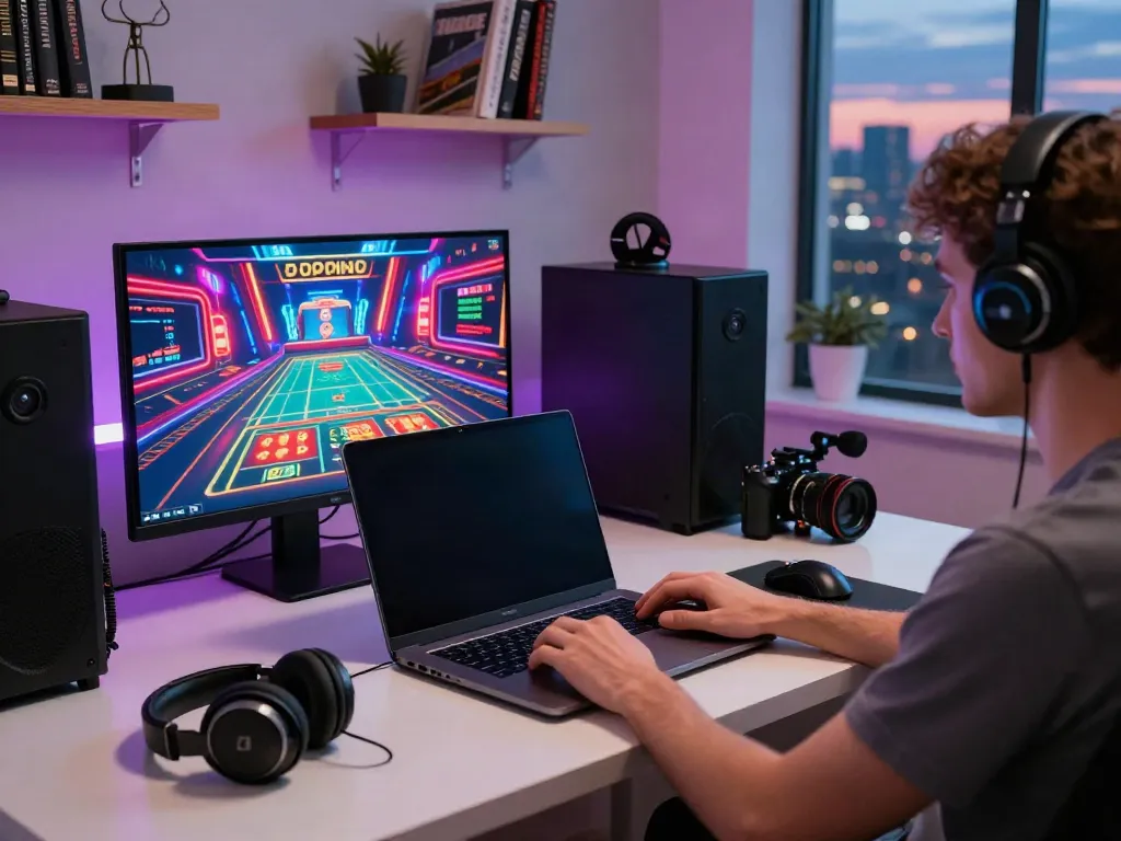 Exploring casinos non gamblock UK in a vibrant home gaming setup with colorful visuals and accessories.