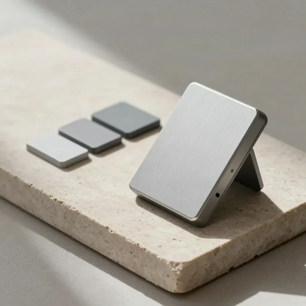Brushed occupancy sensor, two room fobs and a door plate on pale limestone in soft overcast light.