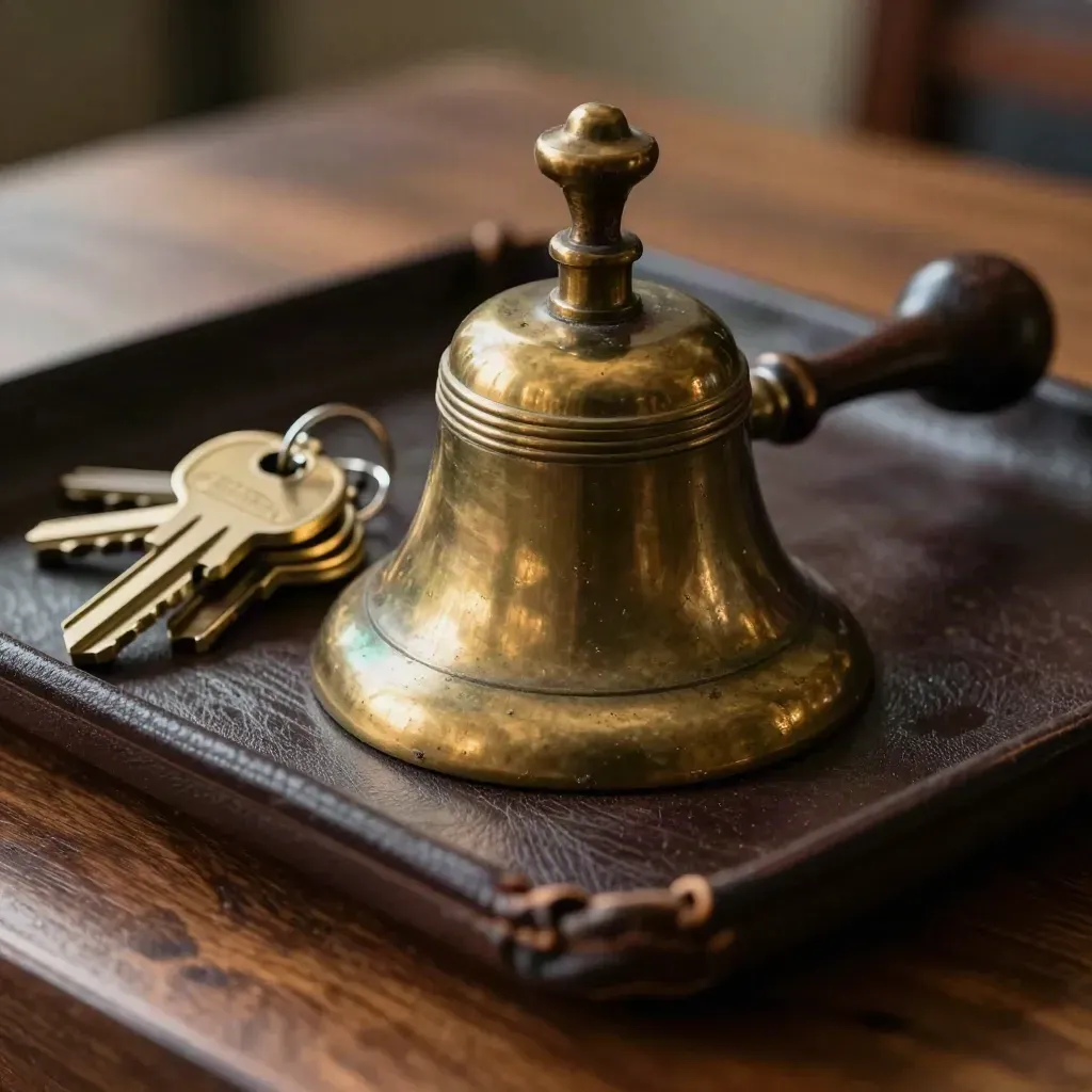 Macro of a brass reception bell, stacked key fobs and leather tray on dark wood.