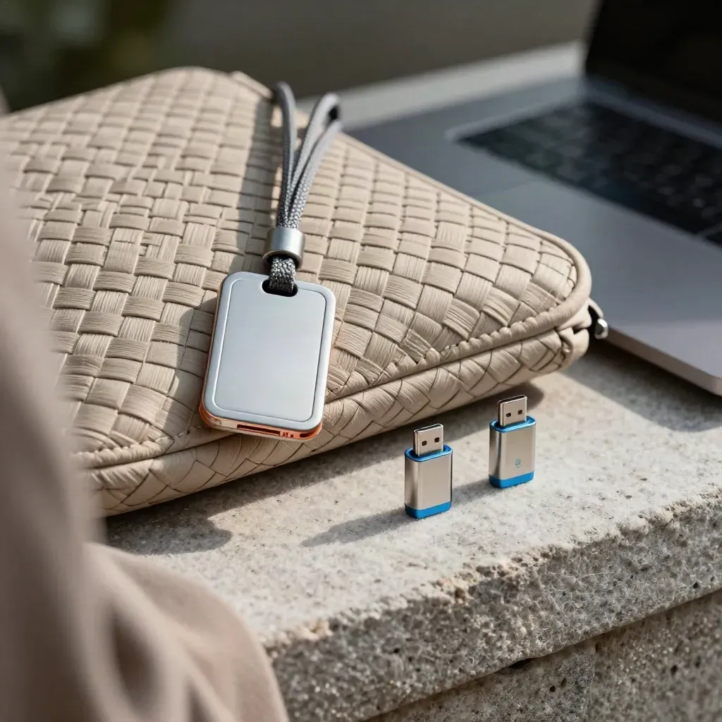 Woven laptop sleeve, badge reel and USB-C adapters on pale felt under raking light.