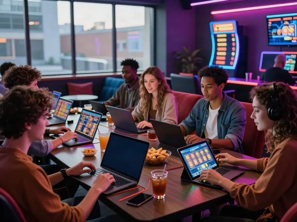 Engaging group playing at casinos non gamblock uk in a lively gaming lounge environment.