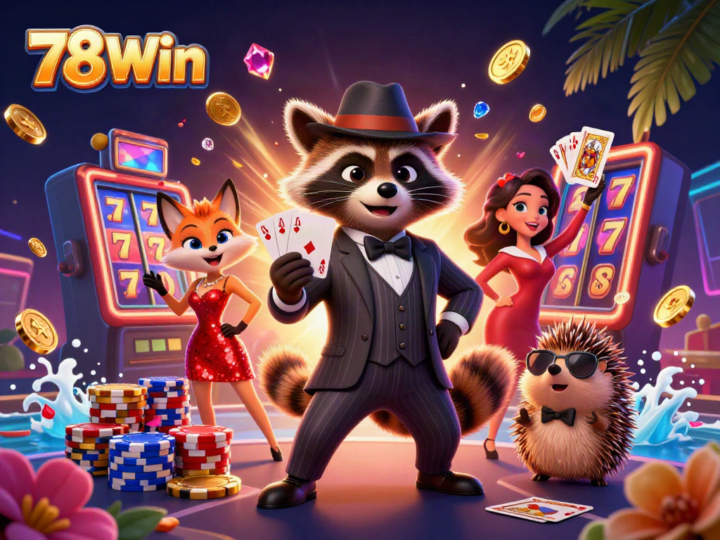 Engage with 78Win by spinning the reels and winning big in this vibrant casino scene featuring animated characters.