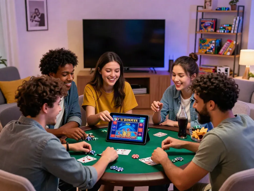 Group enjoying casinos non gamblock uk on a tablet in a cozy living room.