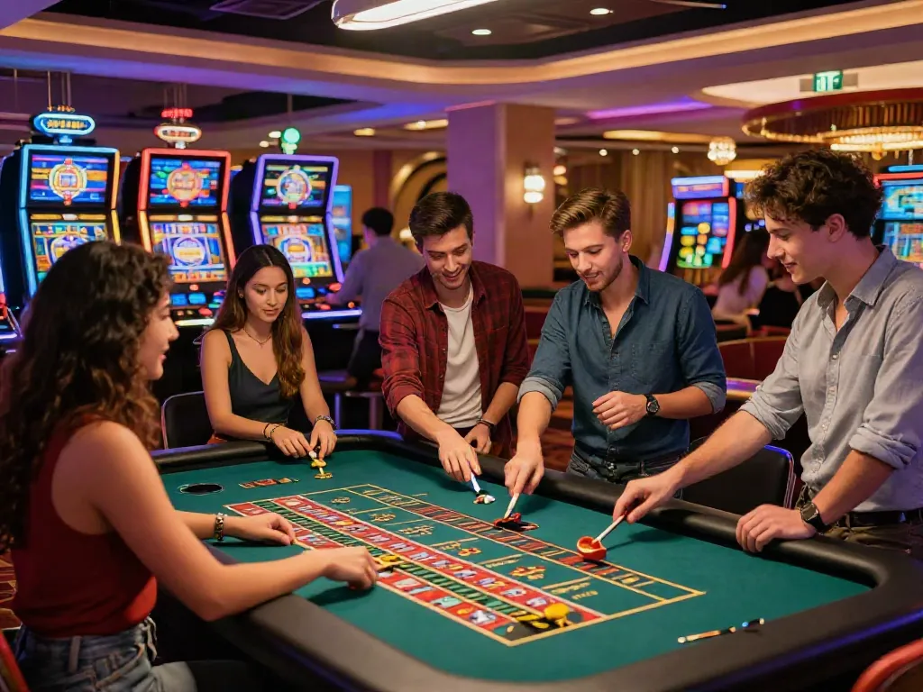 Group of friends enjoying lively atmosphere at casinos non Gamblock UK, playing roulette.