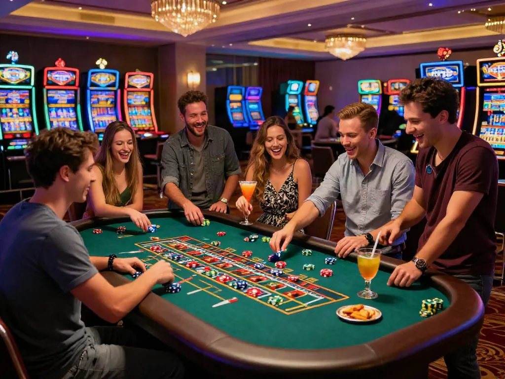 Friends enjoying vibrant casinos non gamblock UK at a lively roulette table, colorful chips and cocktails.