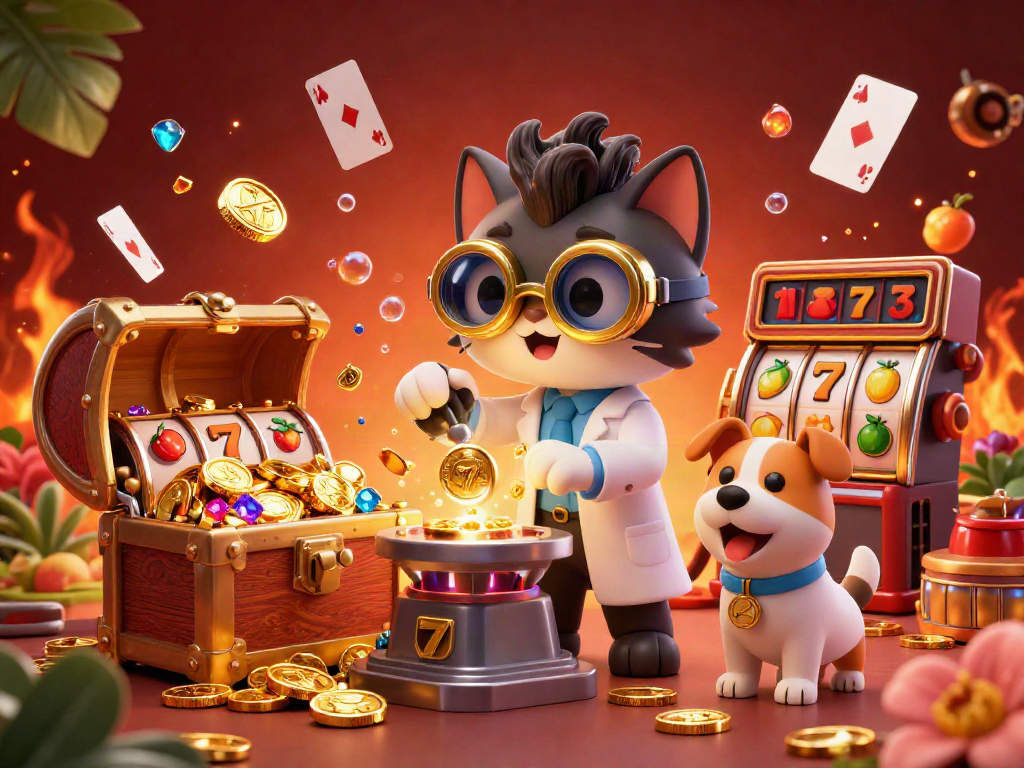 Engage with the exciting world of 78Win in this dynamic casino scene illustrating slot machines and whimsical characters.