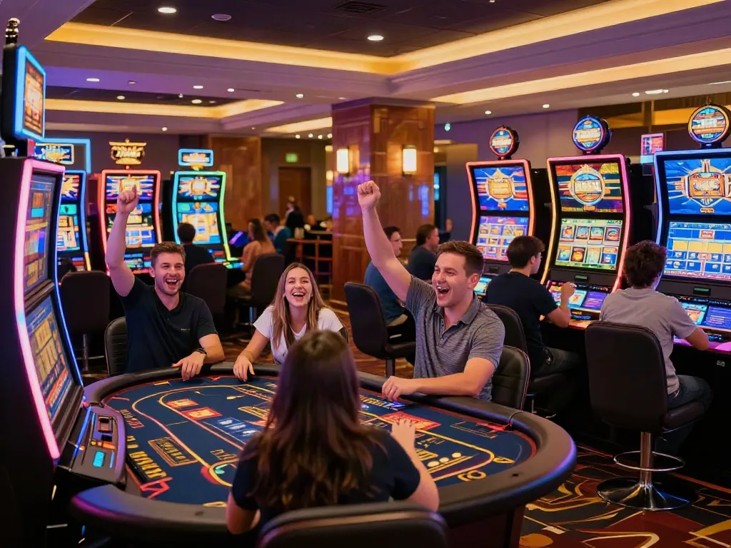 Players enjoying casinos non gamblock uk with vibrant lights and slots.