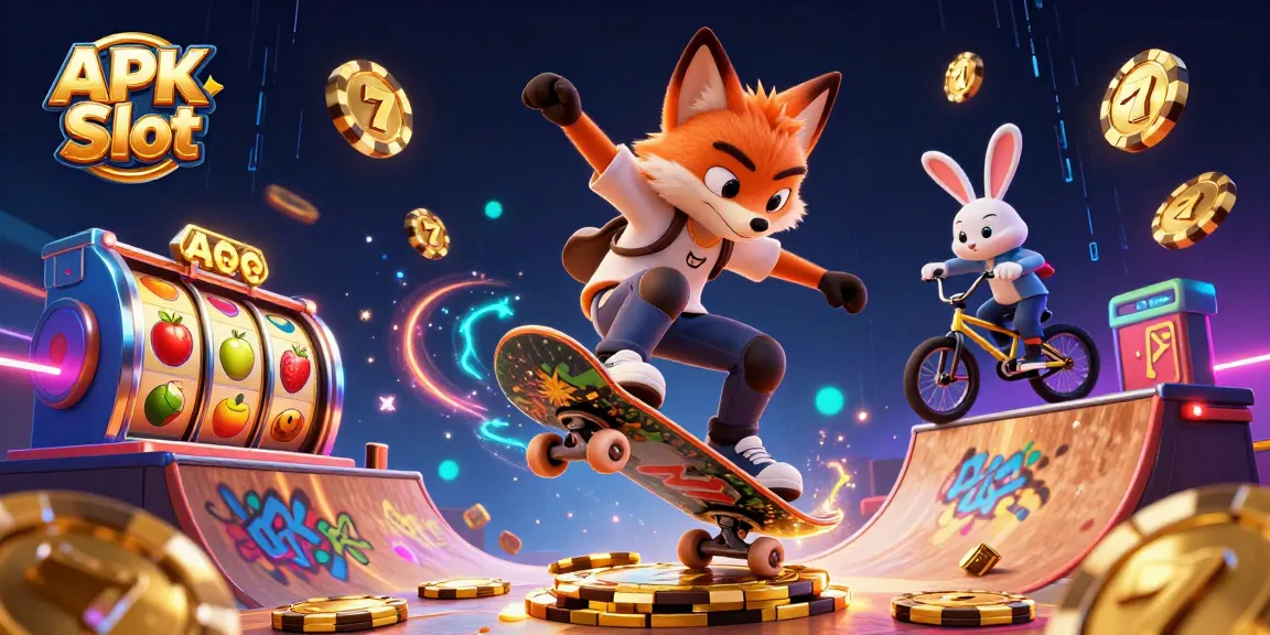 Join the excitement with APK Slot, featuring vibrant slot reels and playful characters in a dynamic gaming scene.