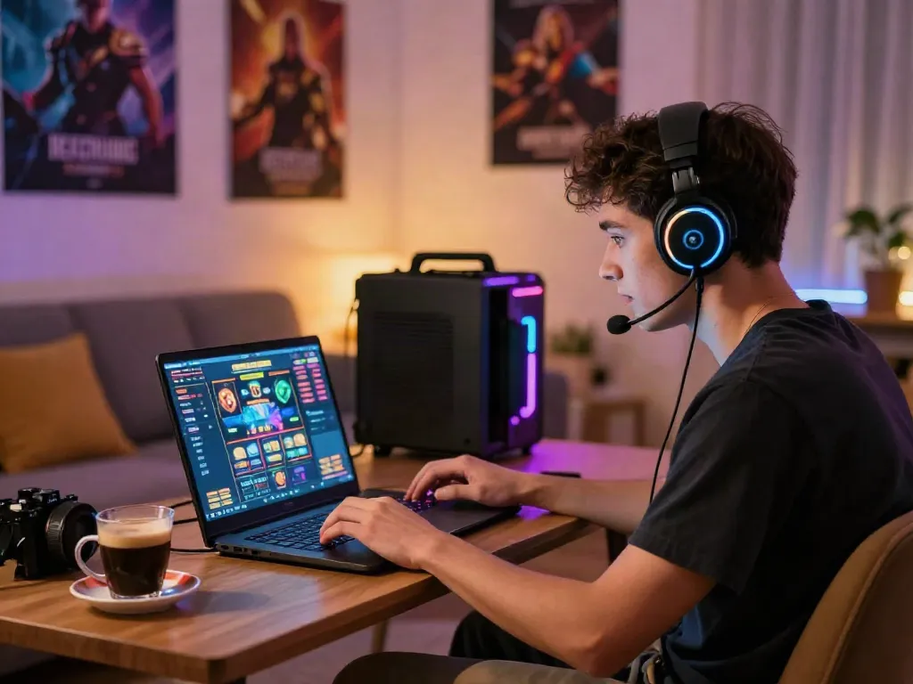 Engaging scene of a player enjoying casinos non gamblock UK games in a cozy living room.