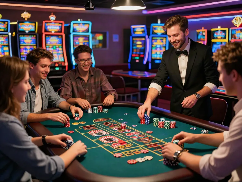 Casinos non gamblock UK: vibrant casino scene with diverse players at a roulette table, showcasing excitement and energy.