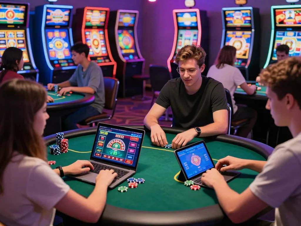 Players enjoying casinos non GamBlock UK in a vibrant online gambling scene with poker, roulette, and exciting graphics.