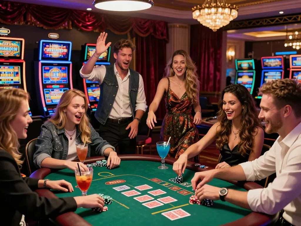 Friends enjoying a fun night at casinos non Gamblock UK with bright slot machines.