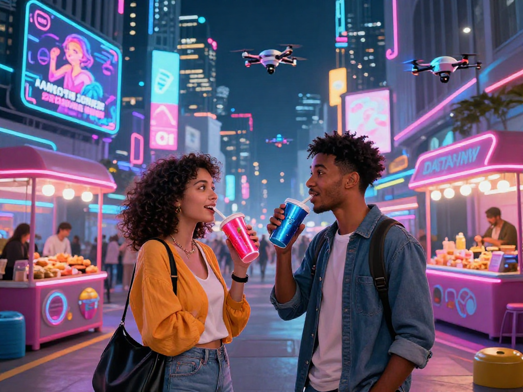 Couple in trendy outfits exploring a tech-savvy urban nightlife, engaging with AI art displays related to sex AI.
