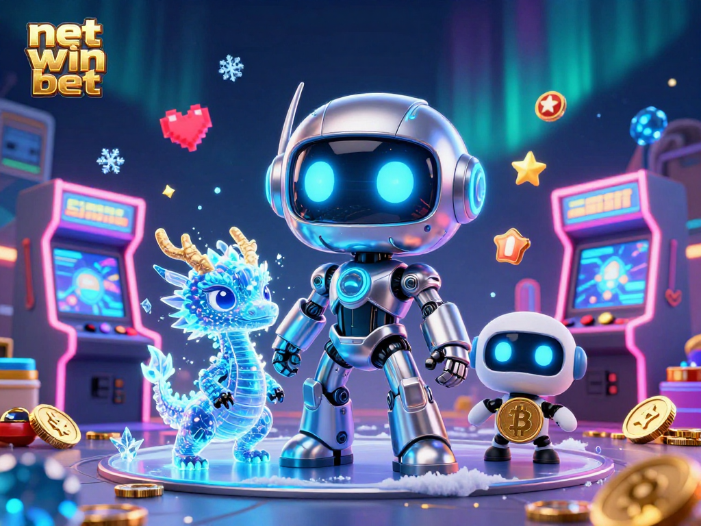 Engage with net win bet in a vivid 3D casino scene featuring a cyberpunk robot, a holographic dragon, and a bitcoin-carrying drone.
