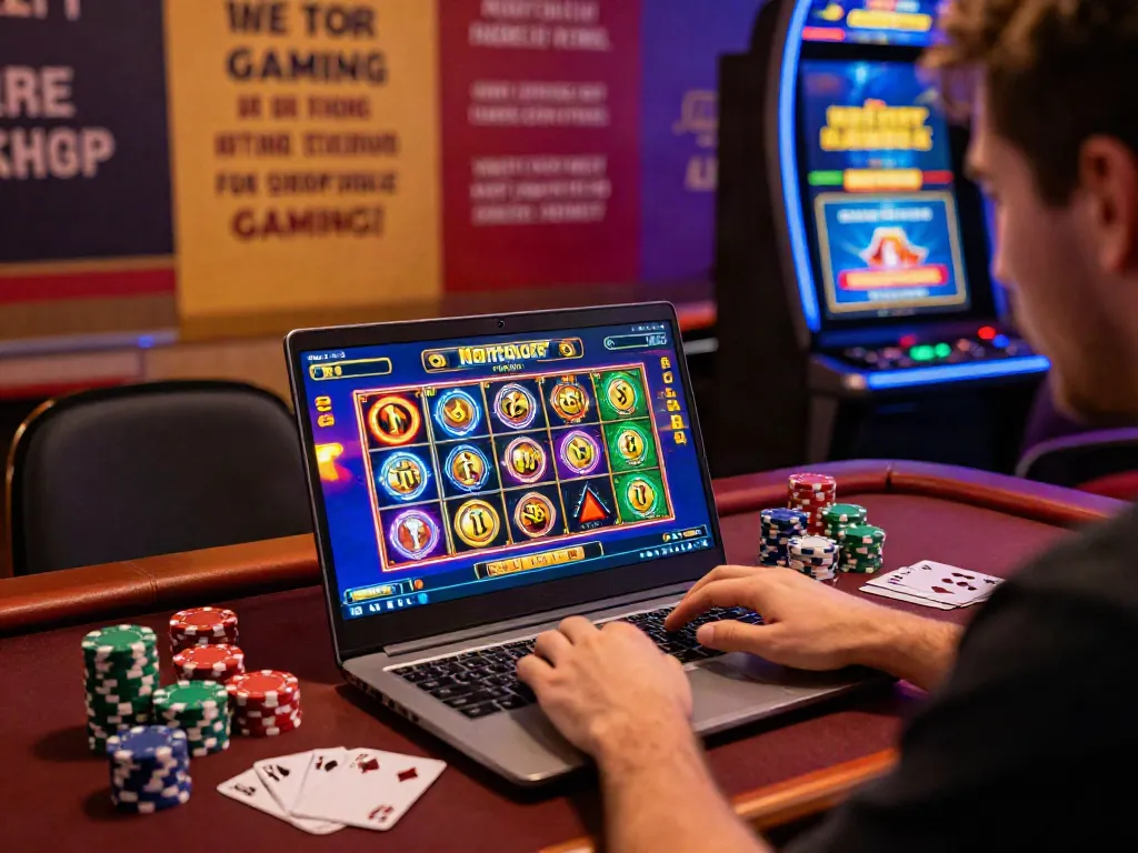Player enjoying casinos non gamblock uk on a laptop with vibrant game graphics.