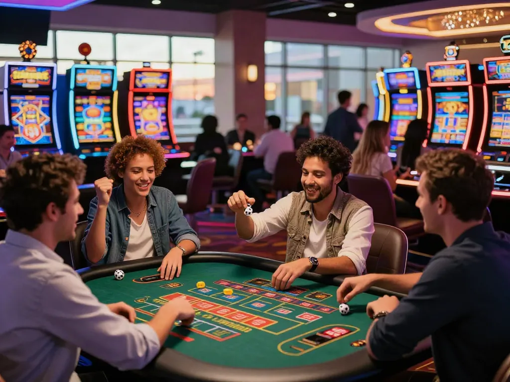 Friends enjoying a lively night at non Gamblock UK casinos with thrilling games.