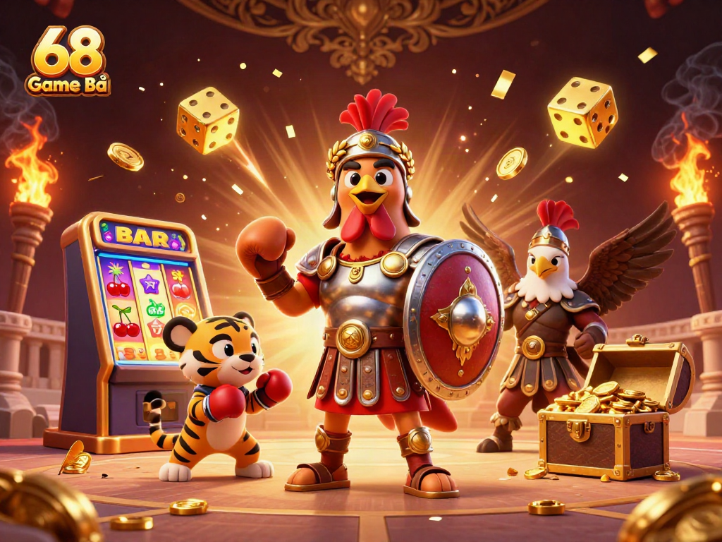 Engage in 68 Game Bài excitement with a dynamic casino scene featuring a rooster gladiator and explosions of gold.
