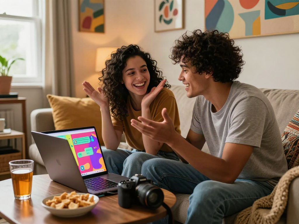 Engaging sexchat conversation in a cozy home with snacks and warm lighting.