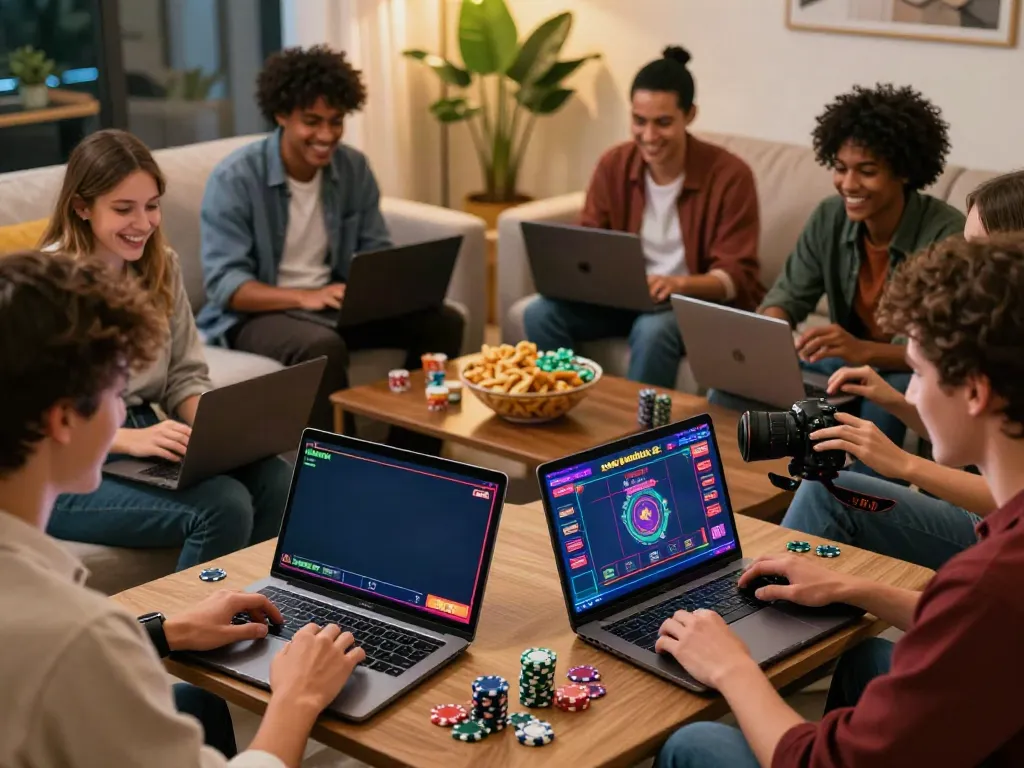Friends enjoying casinos non gamblock uk in a cozy home setting.