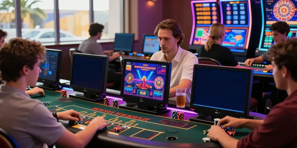 Engaging scene of casinos non gamblock UK players enjoying diverse games in a lively digital casino atmosphere.