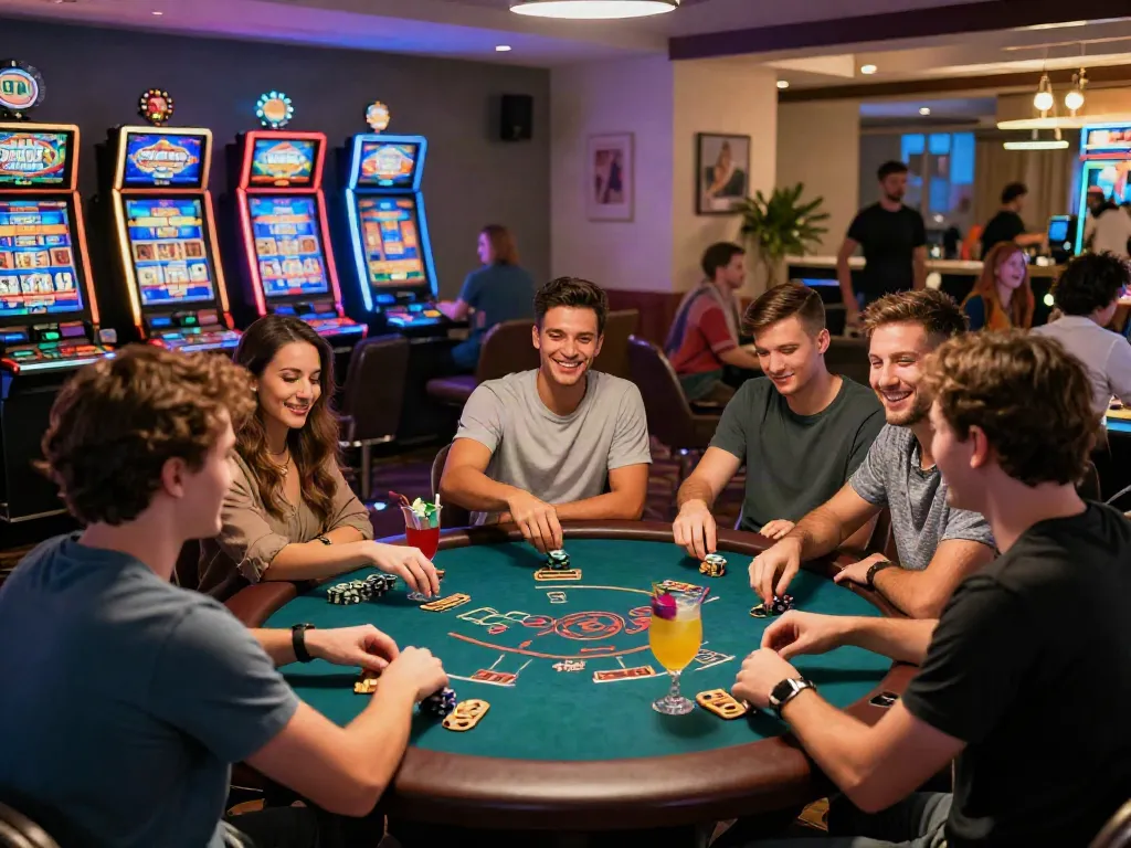 Exciting gaming atmosphere at casinos non Gamblock UK with players enjoying table games and vibrant slot machines.