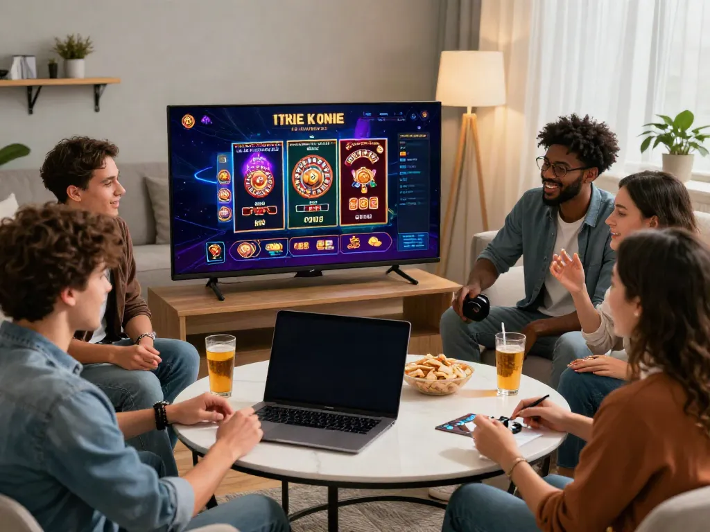 Casinos non gamblock uk - Friends enjoying online gaming at home with vibrant casino games displayed on laptop.
