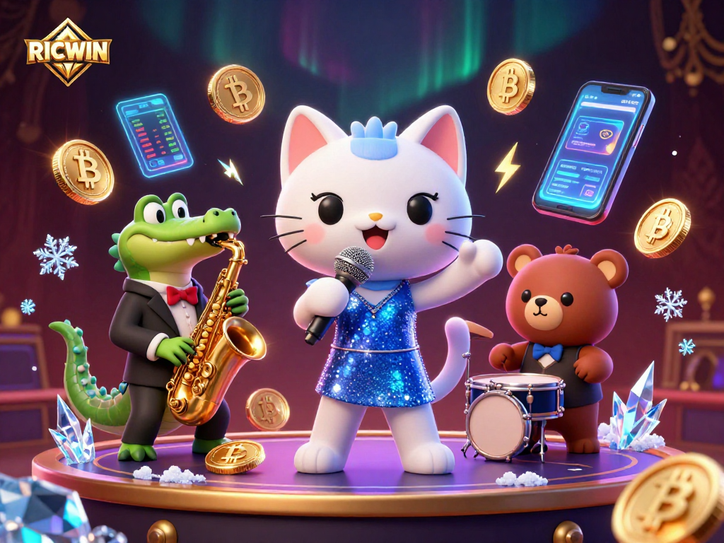 Experience RICWIN's vibrant casino atmosphere with lively characters and crypto elements.