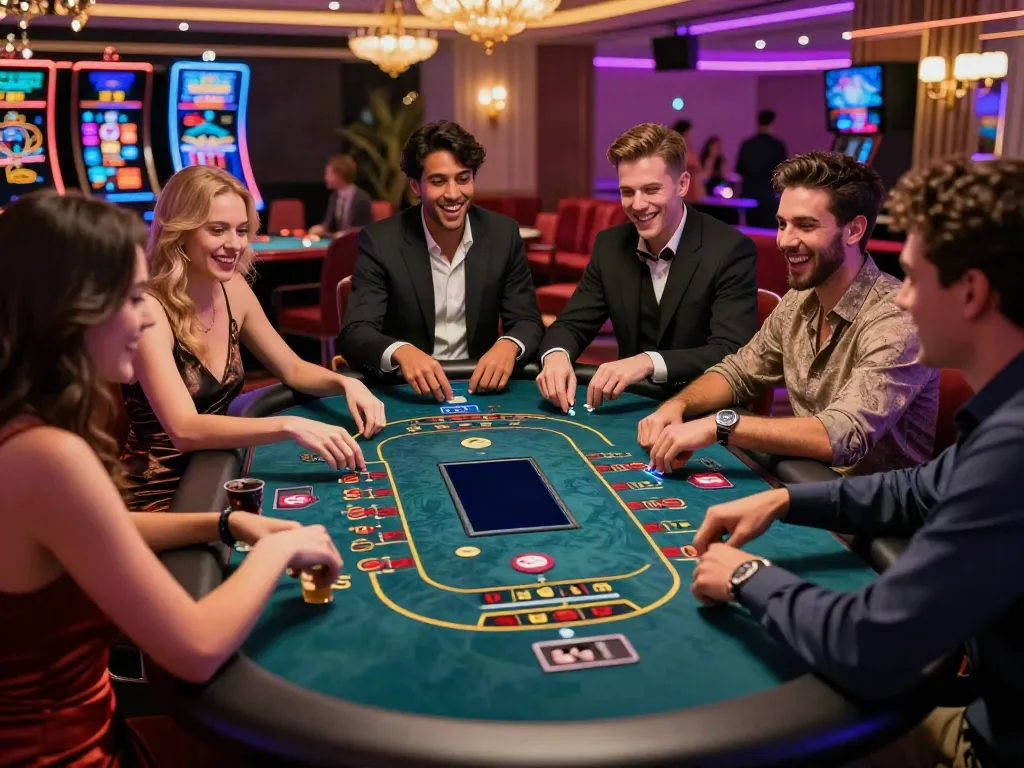 Friends enjoying games at casinos non gamblock uk under bright lights and exciting atmosphere