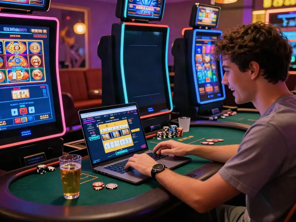 Engaged player at a non GamStop casino on laptop showcasing casinos non gamblock uk gaming environment featuring lively games and fast payouts.