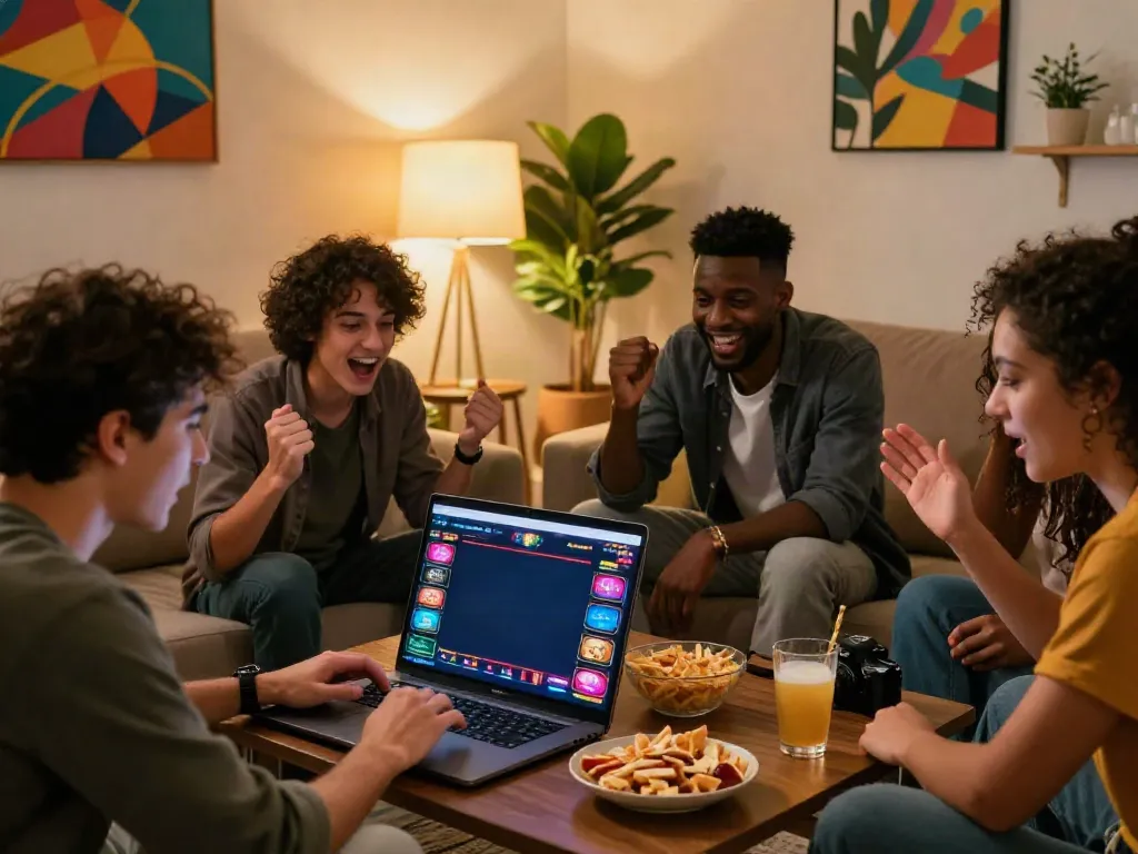 Friends enjoying casinos non gamblock uk in a cozy living room setting with a laptop.
