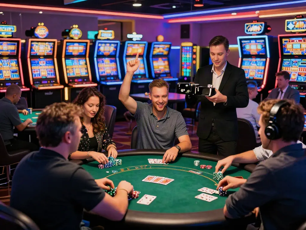 Exciting casinos non Gamblock UK scene with players celebrating wins at gaming tables.