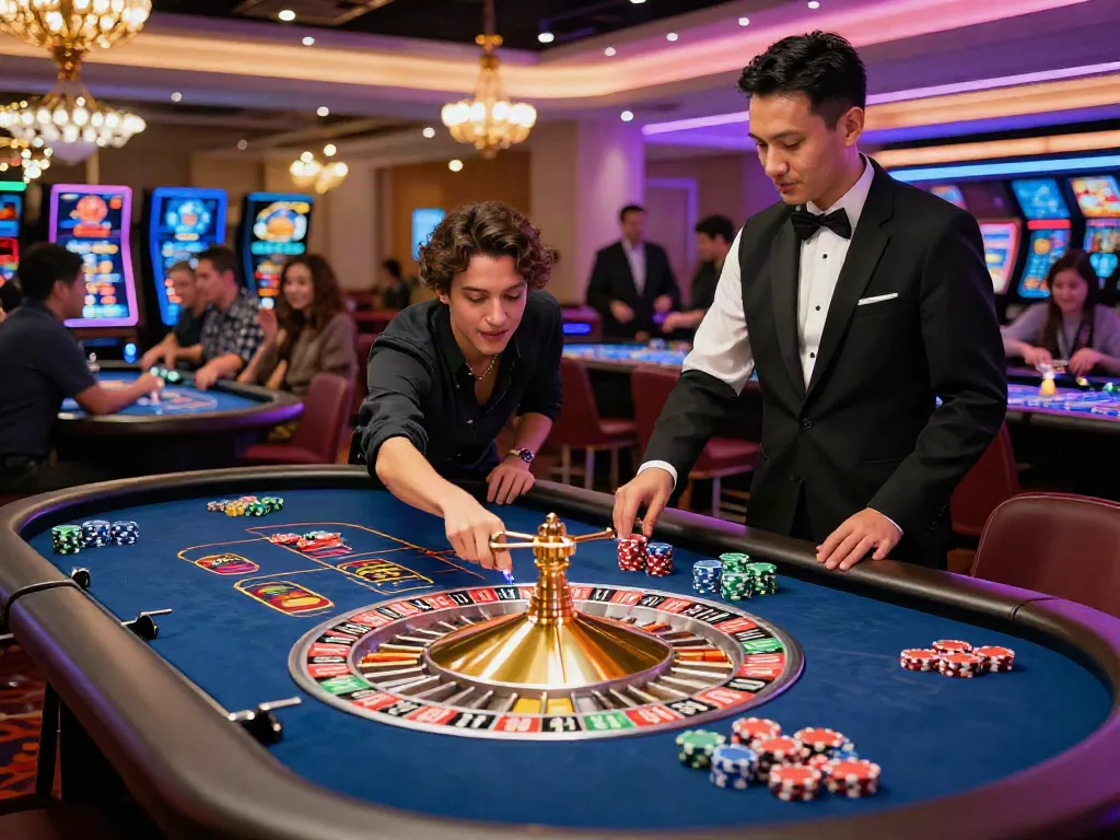 Casinos non gamblock UK players enjoying excitement at a roulette table with vibrant neon lights.