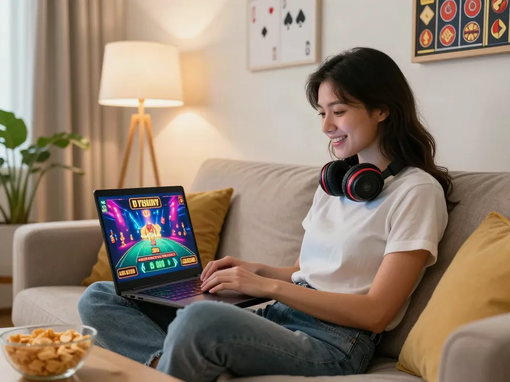 Online gaming at non Gamblock UK casinos, featuring a woman enjoying casino games in a cozy living room.