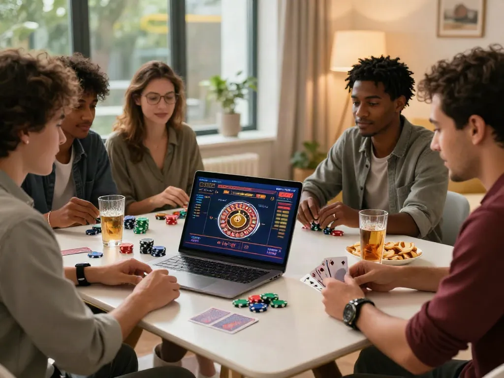 Engaging group of friends enjoying casinos non gamblock uk with interactive online gaming and cozy atmosphere.