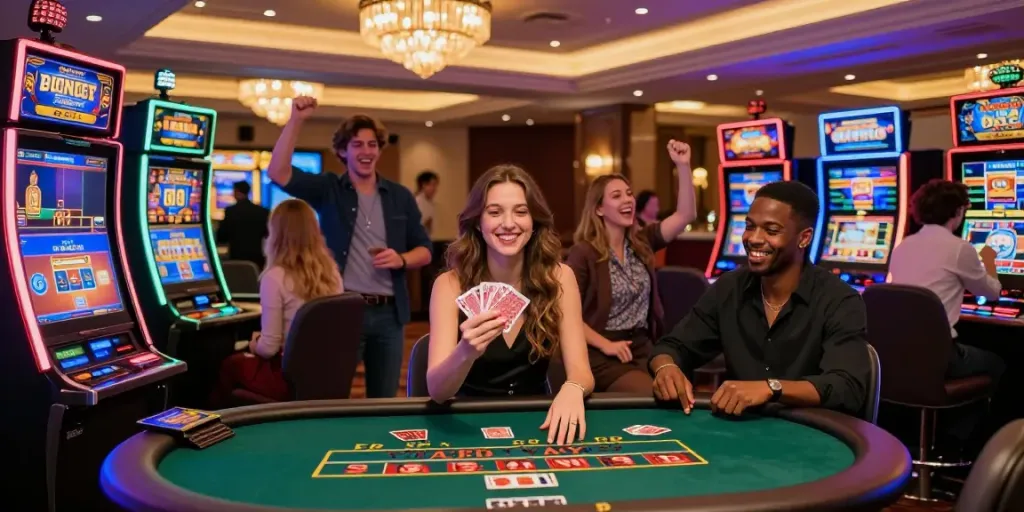 Exciting social atmosphere at casinos non Gamblock UK with friends playing blackjack.