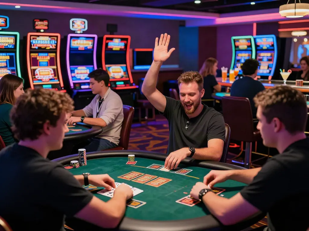 Exciting gaming atmosphere in casinos non gamblock uk with players celebrating wins and engaging at tables.