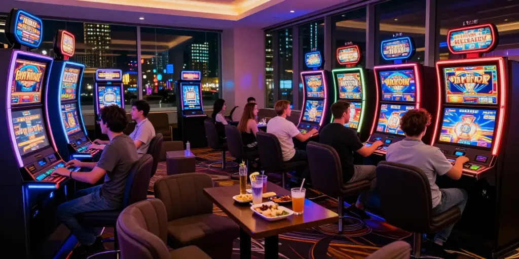 Players enjoying vibrant casinos non gamblock uk atmosphere with modern gaming machines and city skyline views.