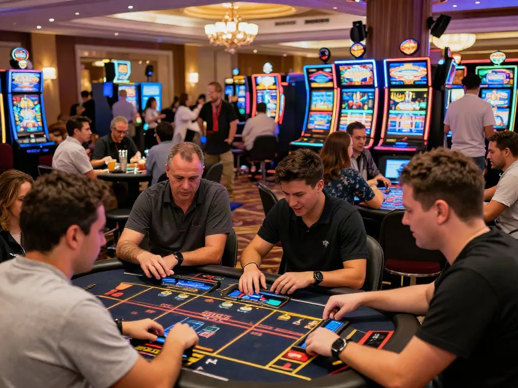Engaged players enjoying diverse gaming options at casinos non gamblock uk, lively casino atmosphere.