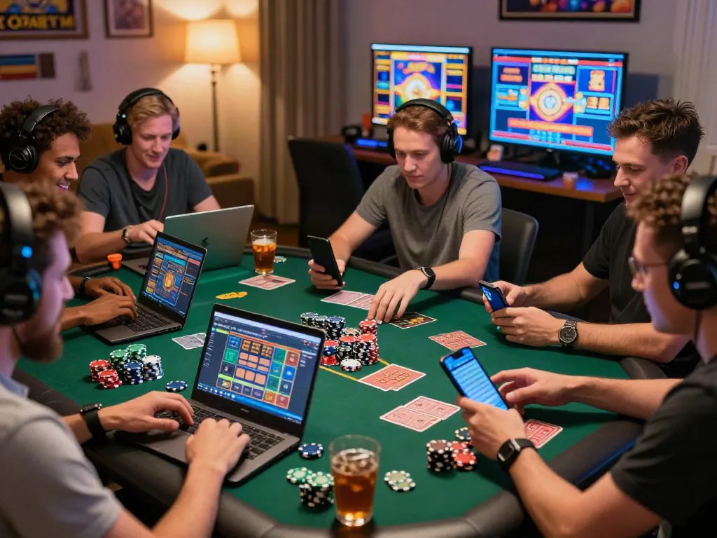 Casinos non gamblock UK players enjoying online gambling at home with colorful chips and slot games.