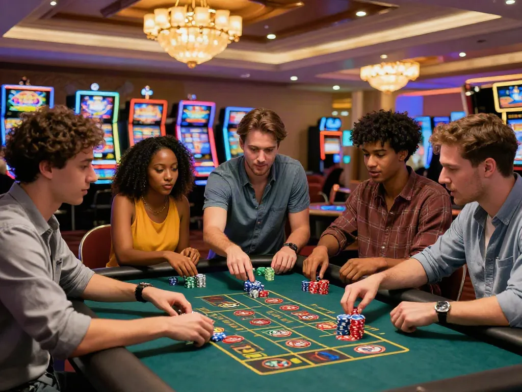 Group of friends at casinos non Gamblock UK enjoying roulette and gaming excitement.