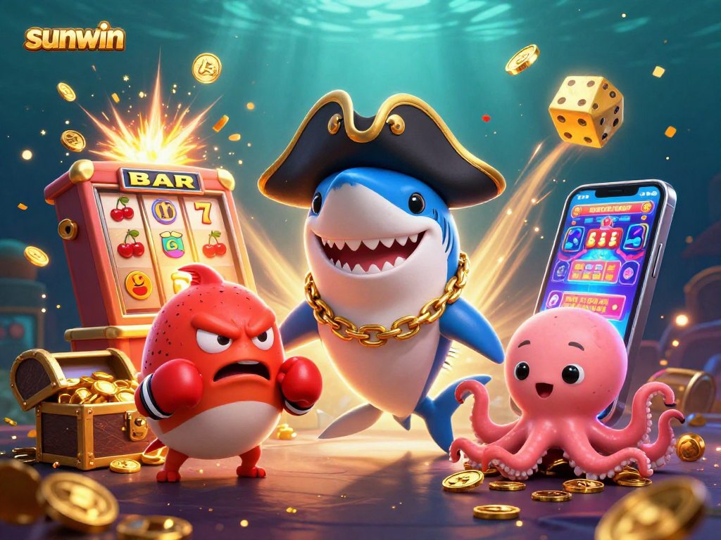 Engage in thrilling gameplay at sunwin with cartoon pirate characters amidst casino excitement.