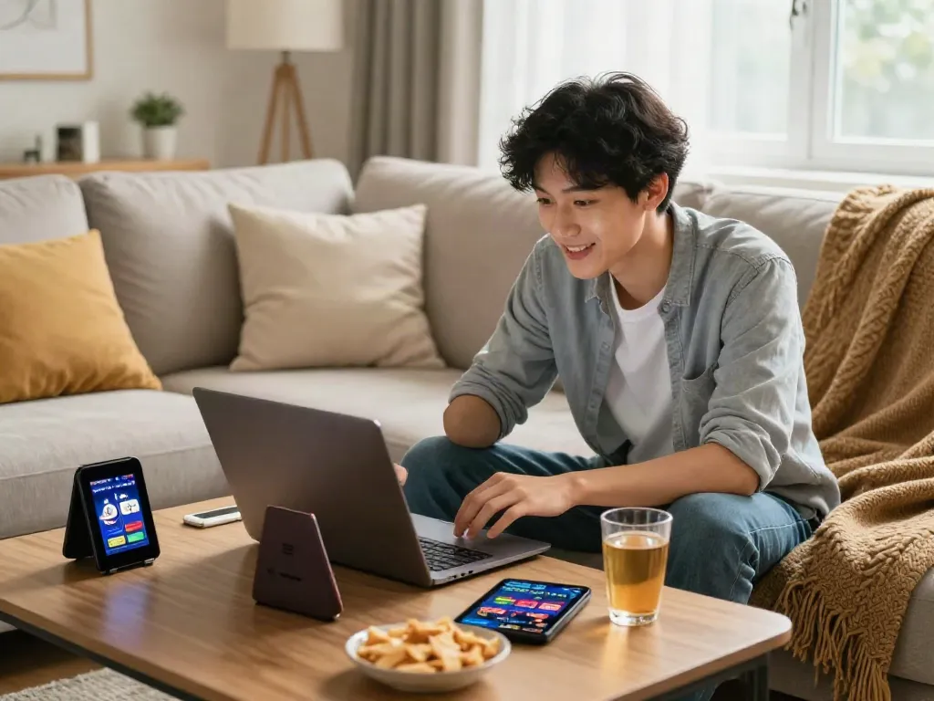 Exploring casinos non gamblock uk on a laptop in a cozy home environment.