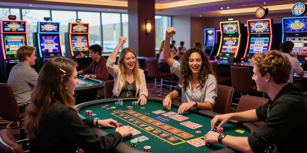 Experience the excitement of casinos non Gamblock UK with vibrant gaming tables and friends celebrating.