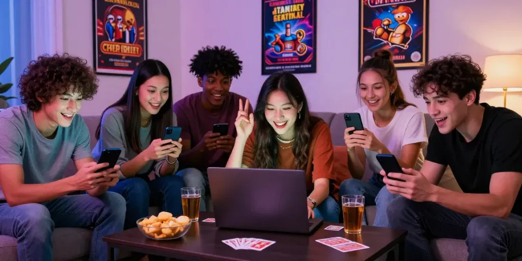 Friends enjoying online casinos non Gamblock UK together in a cozy living room.