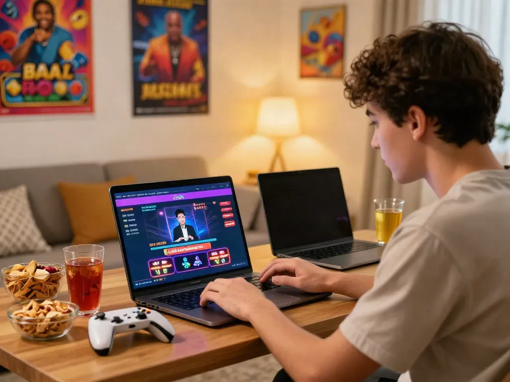 Engaging scene of a player enjoying casinos non gamblock uk in a cozy living room environment.