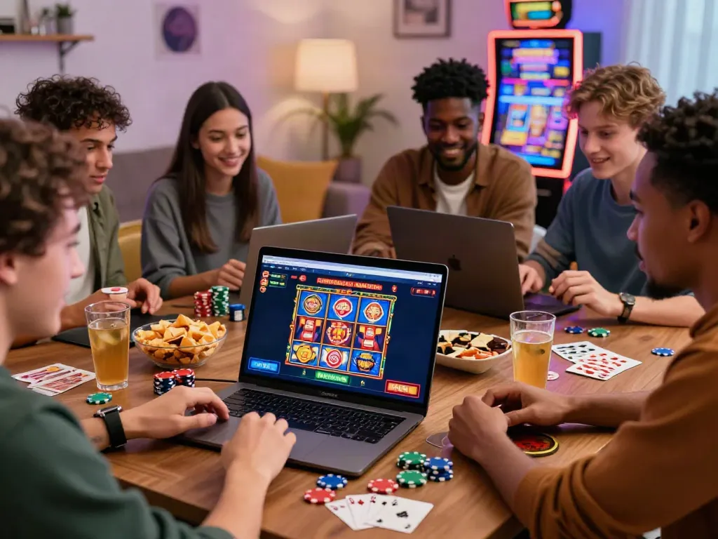 Friends enjoying online games at casinos non gamblock uk, with vibrant atmosphere and gaming elements.