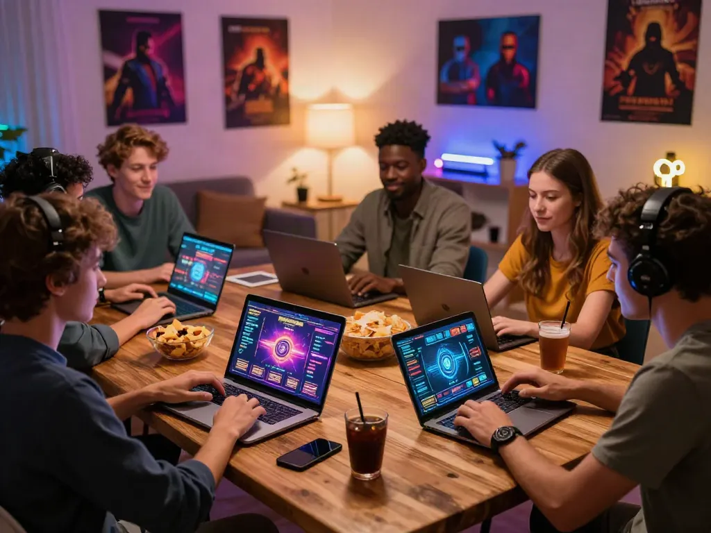 Friends enjoying online casinos non gamblock UK with laptops and snacks.
