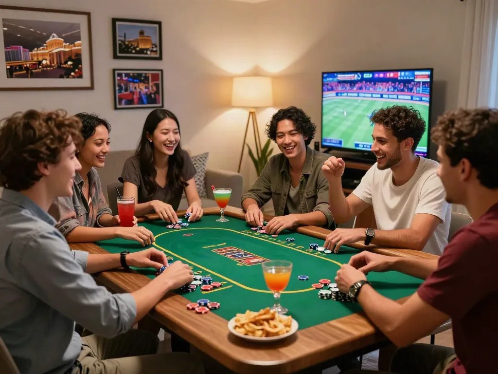 Friends playing games at a home casino setup with roulette and cocktails, showcasing the fun of casinos non gamblock uk.